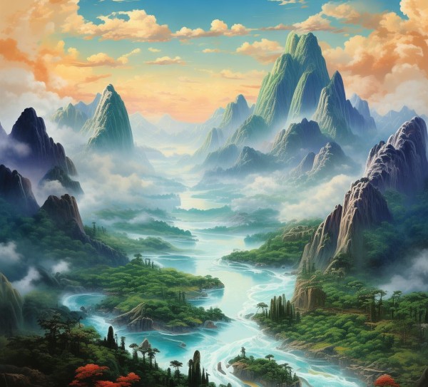 永恒山水画卷，一幅大自然的永恒诗篇,山水画卷，一幅永恒的风景图,画卷,第1张